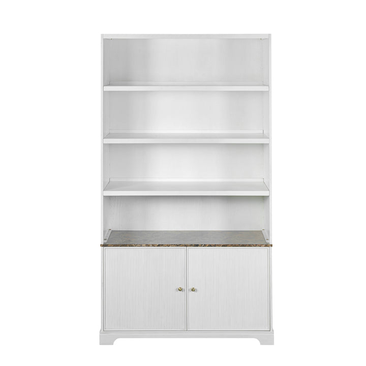 91" Fluted Door Bookcase with Faux Marble Top – White