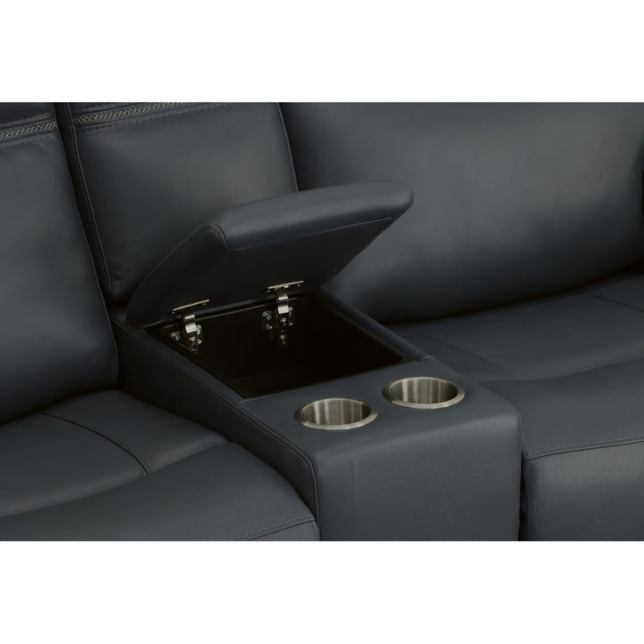 Sawyer Leather Pwr Recl Loveseat w/ Console, Pwr Hdrsts, Lumbar in Marine