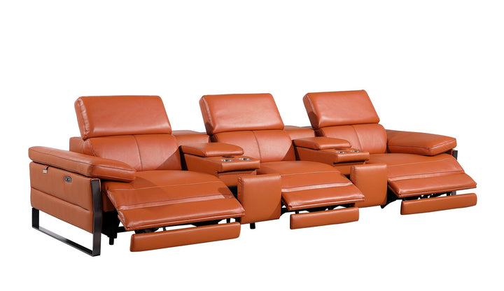 DivanItalia 1246 Modular Power Triple Reclining Dual Console Sofa with Power Reclining Headrests – Top Grain Italian Leather - Camel