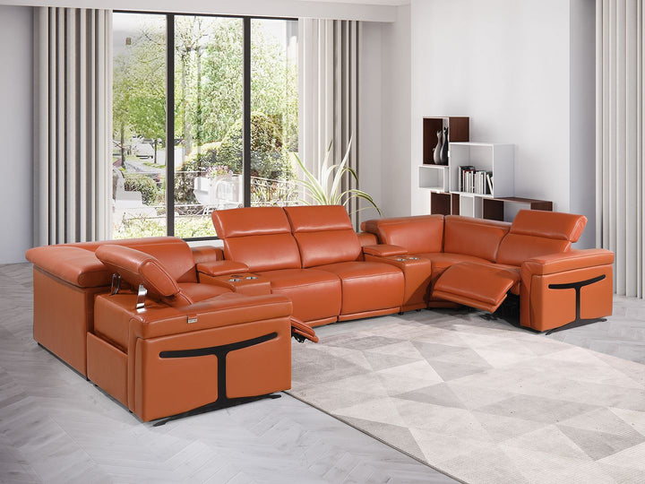 DivanItalia 1126 8-Piece U-Shaped Sectional Sofa in Top Grain Italian Leather with 2 Power Recliners &amp; Power Headrests - Camel