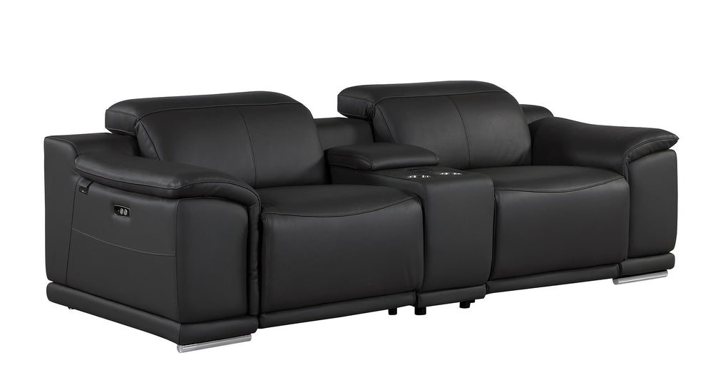 DivanItalia 9762 3-Piece Modular Power Reclining Console Loveseat with 2 Power Recliners in Top Grain Italian Leather - Black