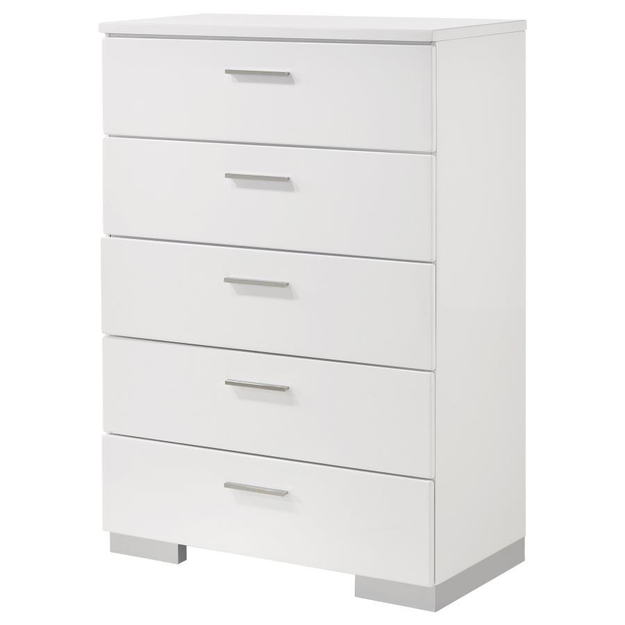 Felicity - 5 - Drawer Bedroom Chest - White High Gloss Accent Chest modern furniture Contempo Furniture