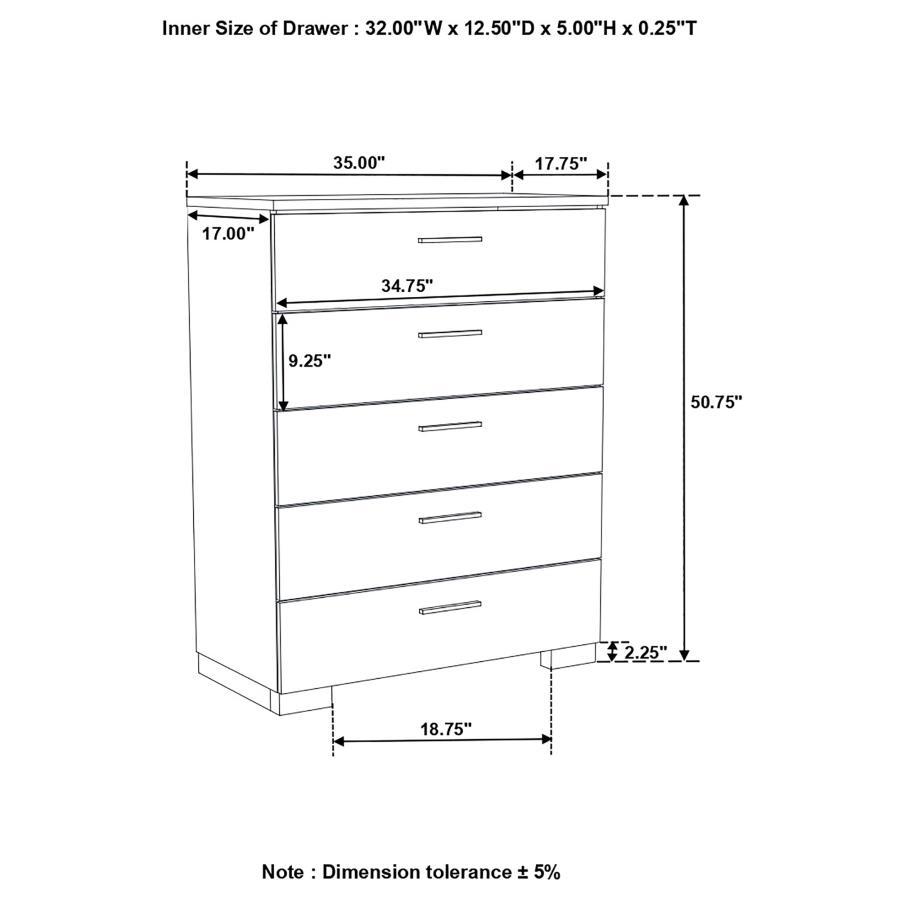 Felicity - 5 - Drawer Bedroom Chest - White High Gloss Accent Chest modern furniture Contempo Furniture