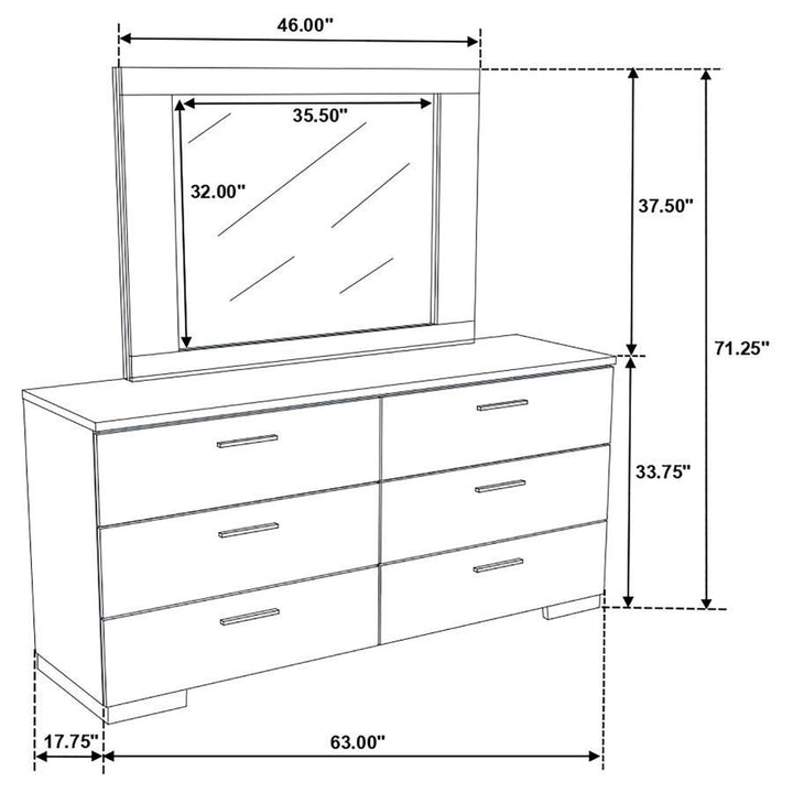 Felicity - 6 - Drawer Wood Dresser With Mirror - White High Gloss Dresser &amp; Mirror modern furniture Contempo Furniture