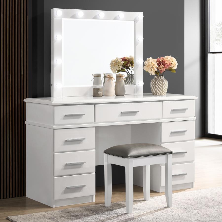 Felicity - Upholstered Vanity Stool - Metallic And Glossy White Vanity Stool modern furniture Contempo Furniture