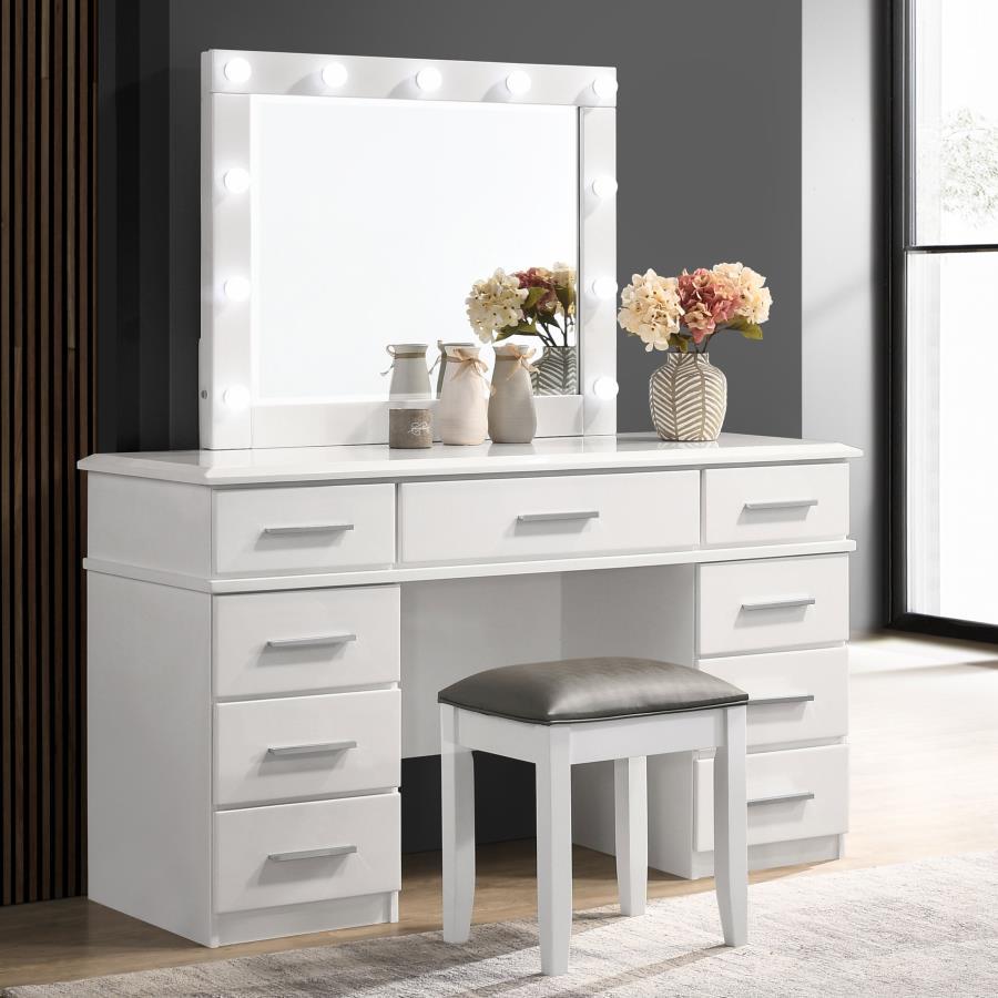 Felicity - Upholstered Vanity Stool - Metallic And Glossy White Vanity Stool modern furniture Contempo Furniture