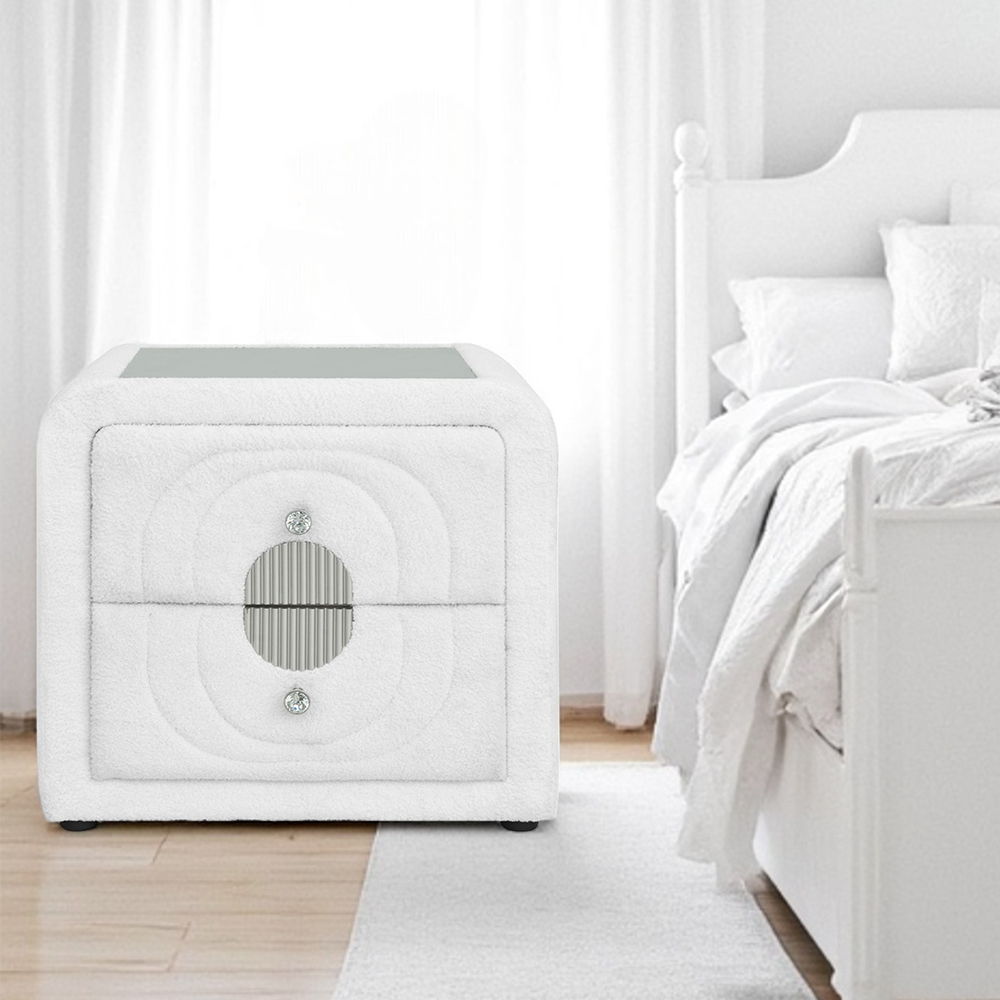 ACME Furniture Shelyn Nightstand White Teddy Sherpa & Chrome