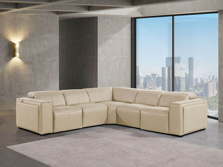 DivanItalia 1224 5-Piece L-Shaped Sectional Sofa in Top Grain Italian Leather with 3 Power Recliners &amp; Power Headrests - Beige