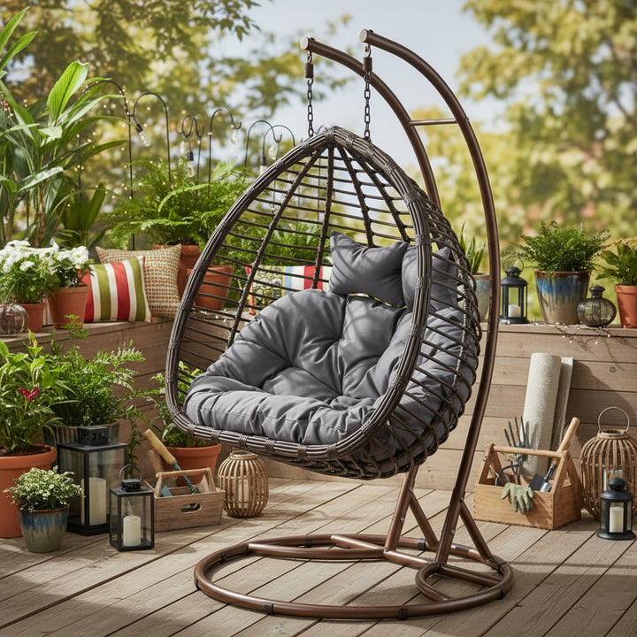 Double Seater Hanging Brown Basket with Grey Cushion