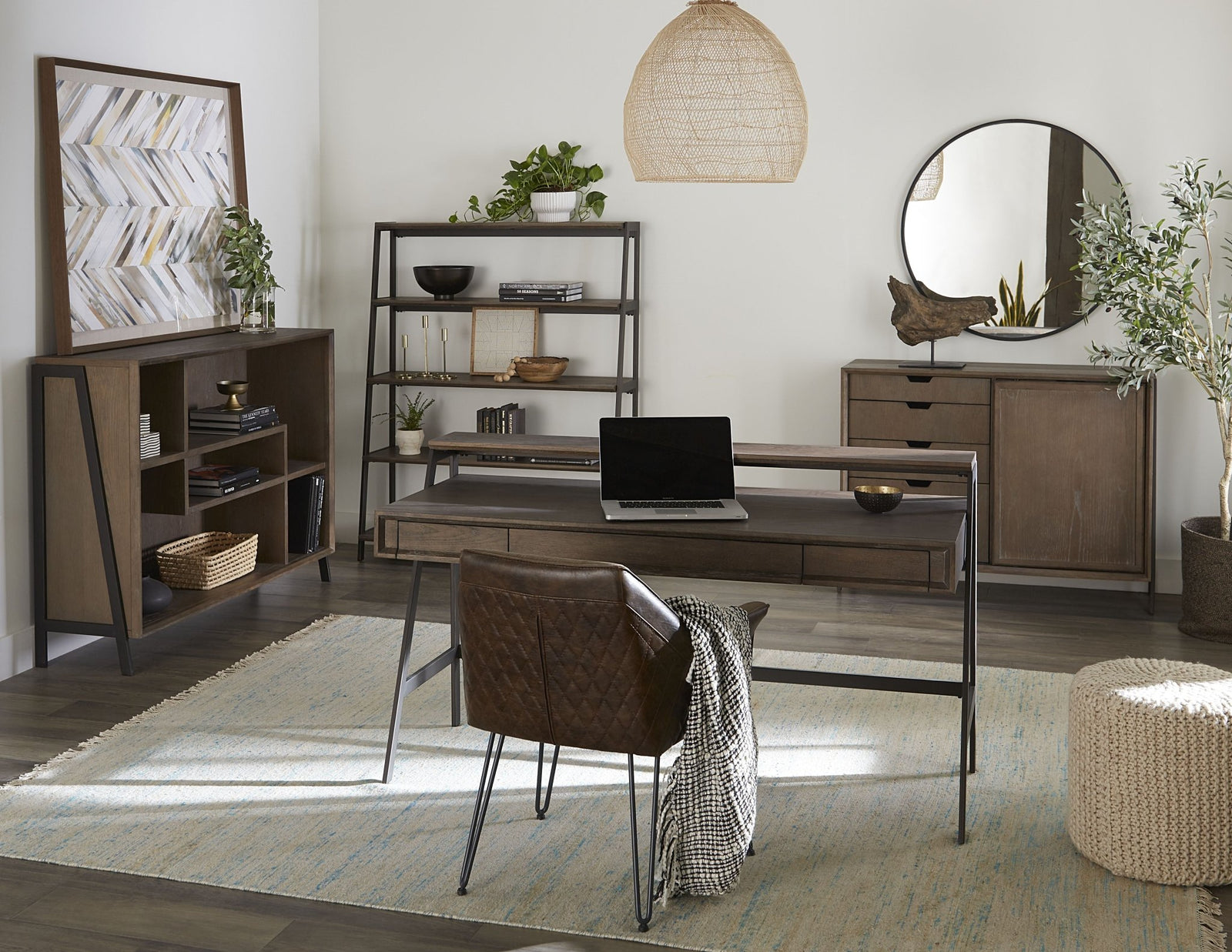 Finch Wood and Metal Etagere Bookcase in Buckwheat and Antique Bronze Bookcase modern furniture Contempo Furniture