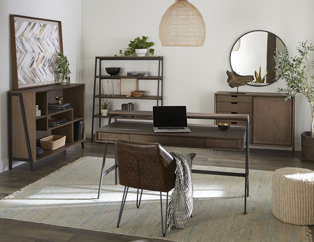 Finch Wood and Metal Etagere Bookcase in Buckwheat and Antique Bronze Bookcase modern furniture Contempo Furniture