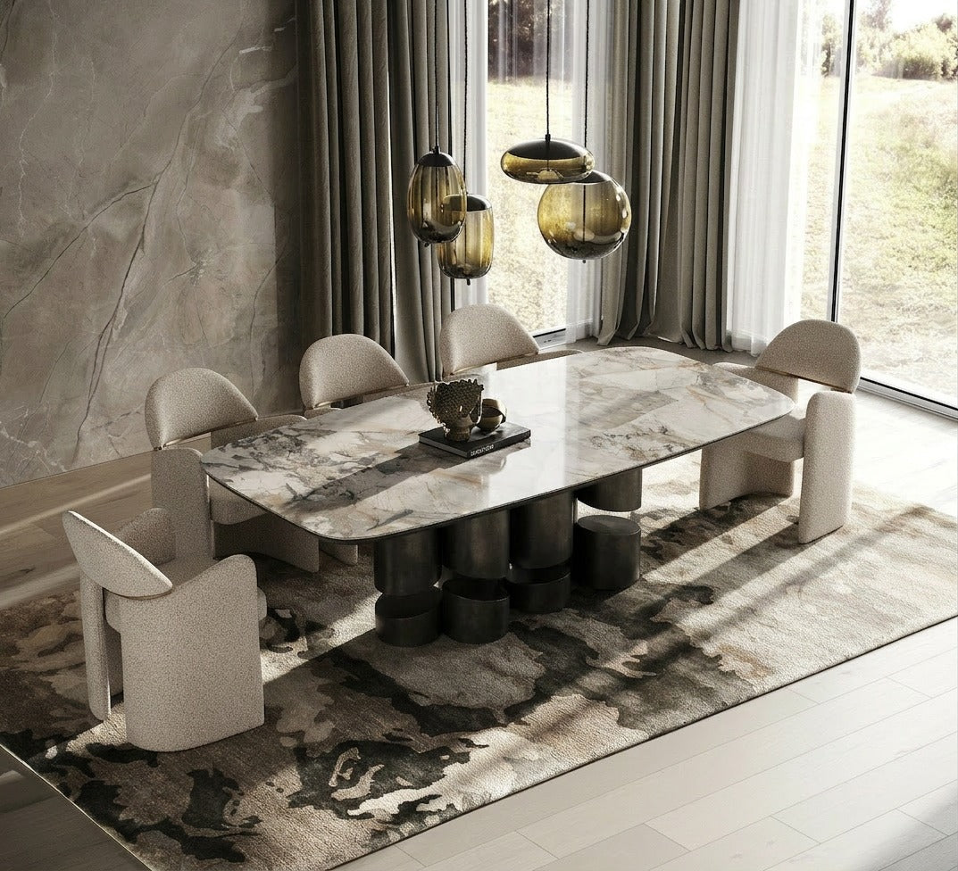 Finsbury - Modern Ceramic + Dark Grey Brass Oval Dining Table