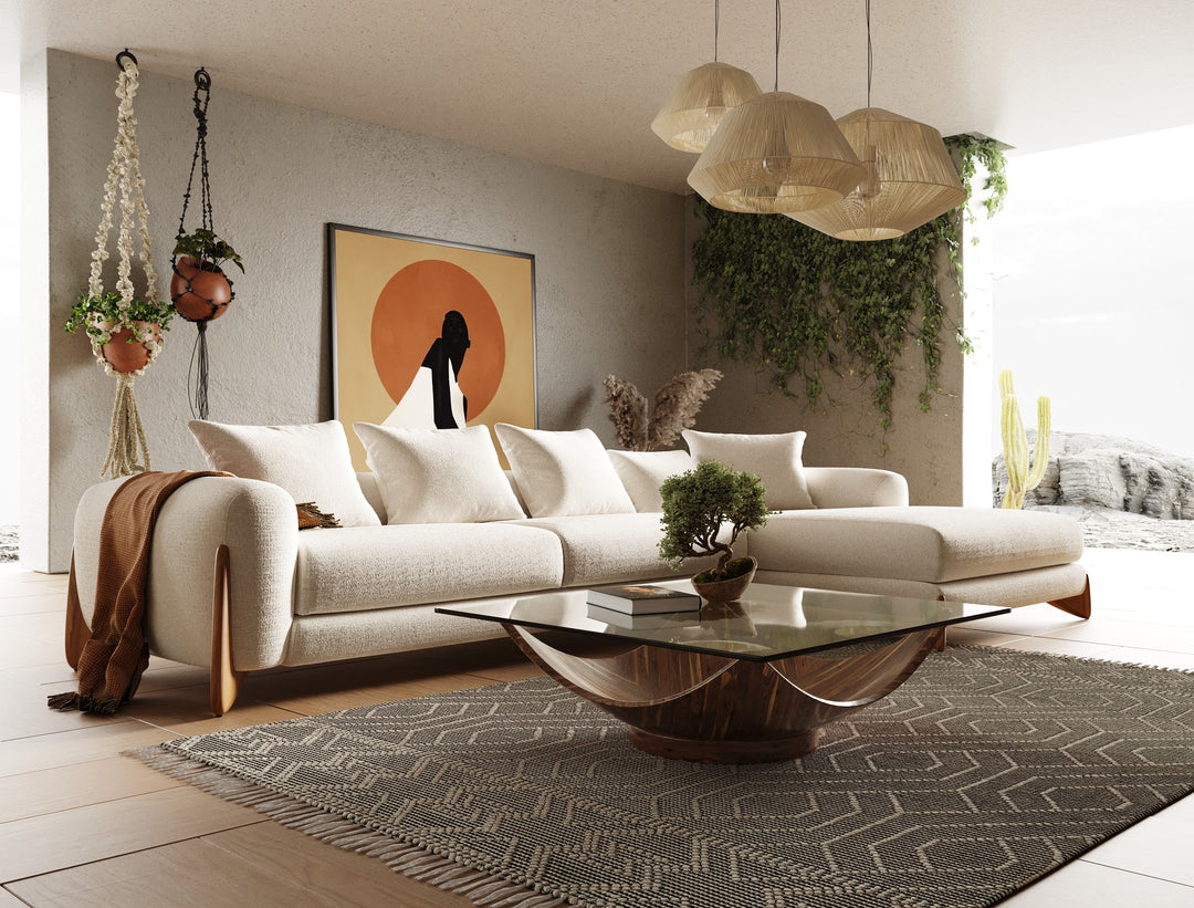 Fleury - Contemporary Cream Fabric and Walnut RAF Sectional Sofa