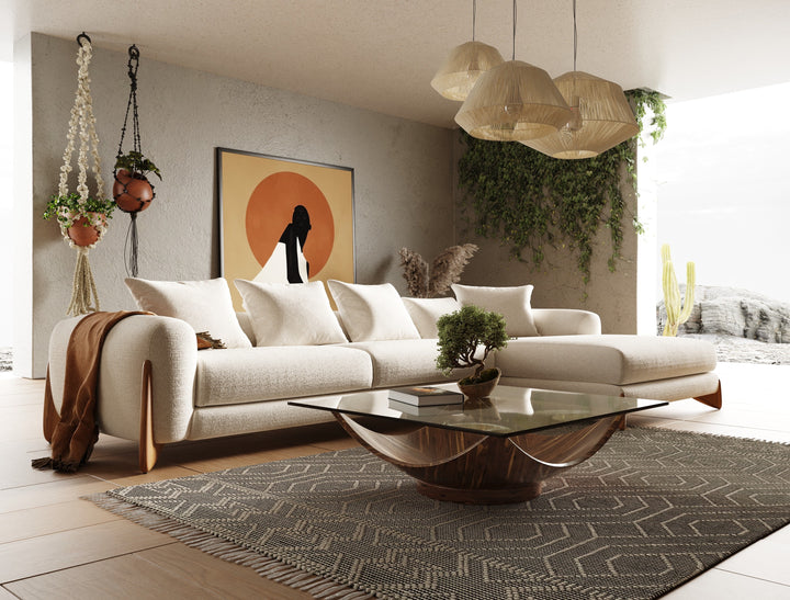 Fleury - Contemporary Cream Fabric and Walnut RAF Sectional Sofa