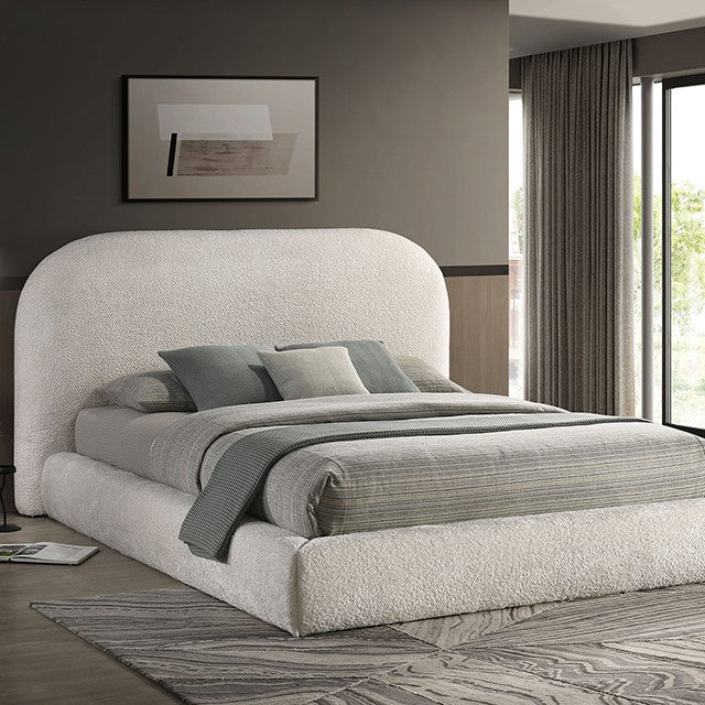 Whitnash Ivory Upholstered Platform Bed with Rounded Headboard – Modern Design