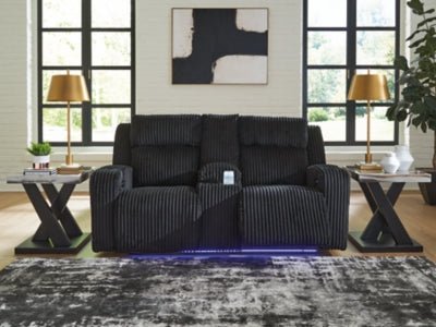 Forest Lake Power Reclining Loveseat with Console and Adjustable Headrest - Black Reclining Loveseat modern furniture Contempo Furniture