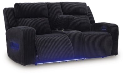 Forest Lake Power Reclining Loveseat with Console and Adjustable Headrest - Black Reclining Loveseat modern furniture Contempo Furniture