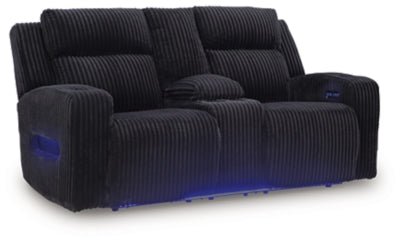 Forest Lake Power Reclining Loveseat with Console and Adjustable Headrest - Black Reclining Loveseat modern furniture Contempo Furniture