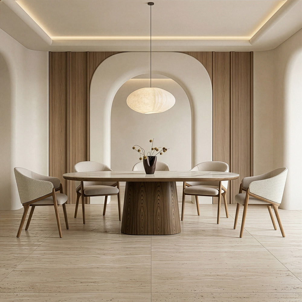 Foster - Contemporary White Ceramic + Walnut Oval Dining Table - View 6