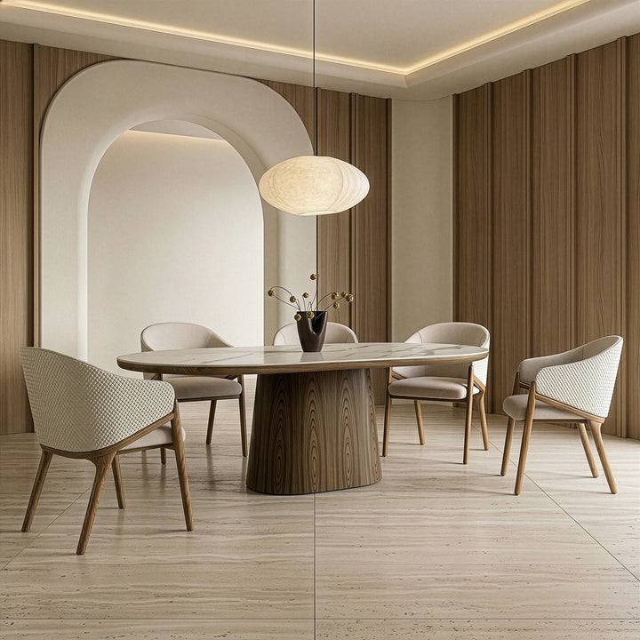 Foster - Contemporary White Ceramic + Walnut Oval Dining Table