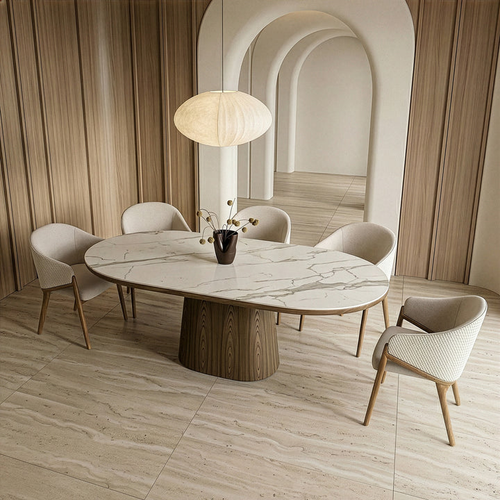 Foster - Contemporary White Ceramic + Walnut Oval Dining Table