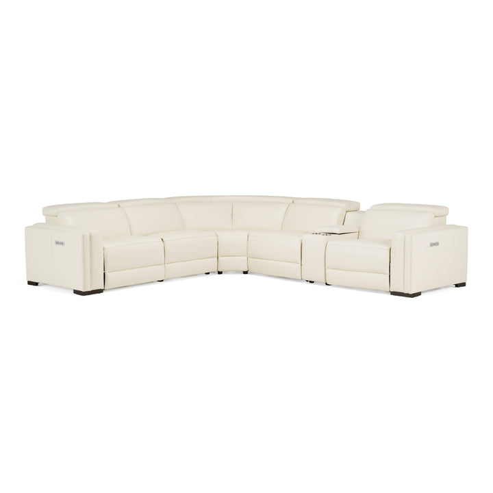 Frazier - Modern White Leather Sectional Sofa with 3 Recliners + Console