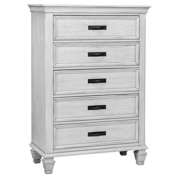 Franco - 5 - Drawer Bedroom Chest - Distressed White Accent Chest modern furniture Contempo Furniture