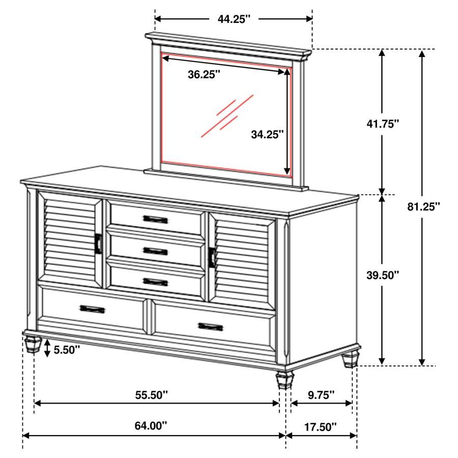 Franco - 5 - Drawer Dresser With Mirror - Distressed White Dresser & Mirror modern furniture Contempo Furniture