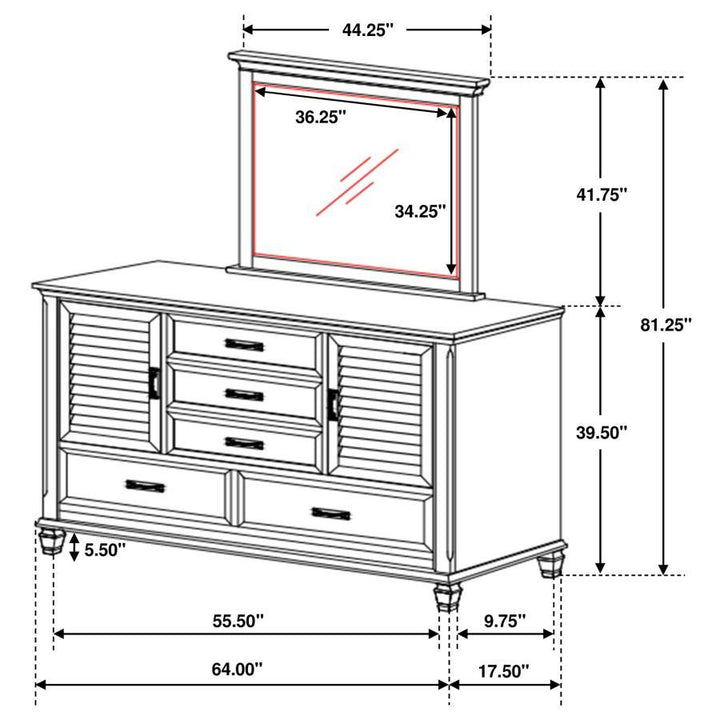 Franco - 5 - Drawer Dresser With Mirror - Distressed White Dresser &amp; Mirror modern furniture Contempo Furniture