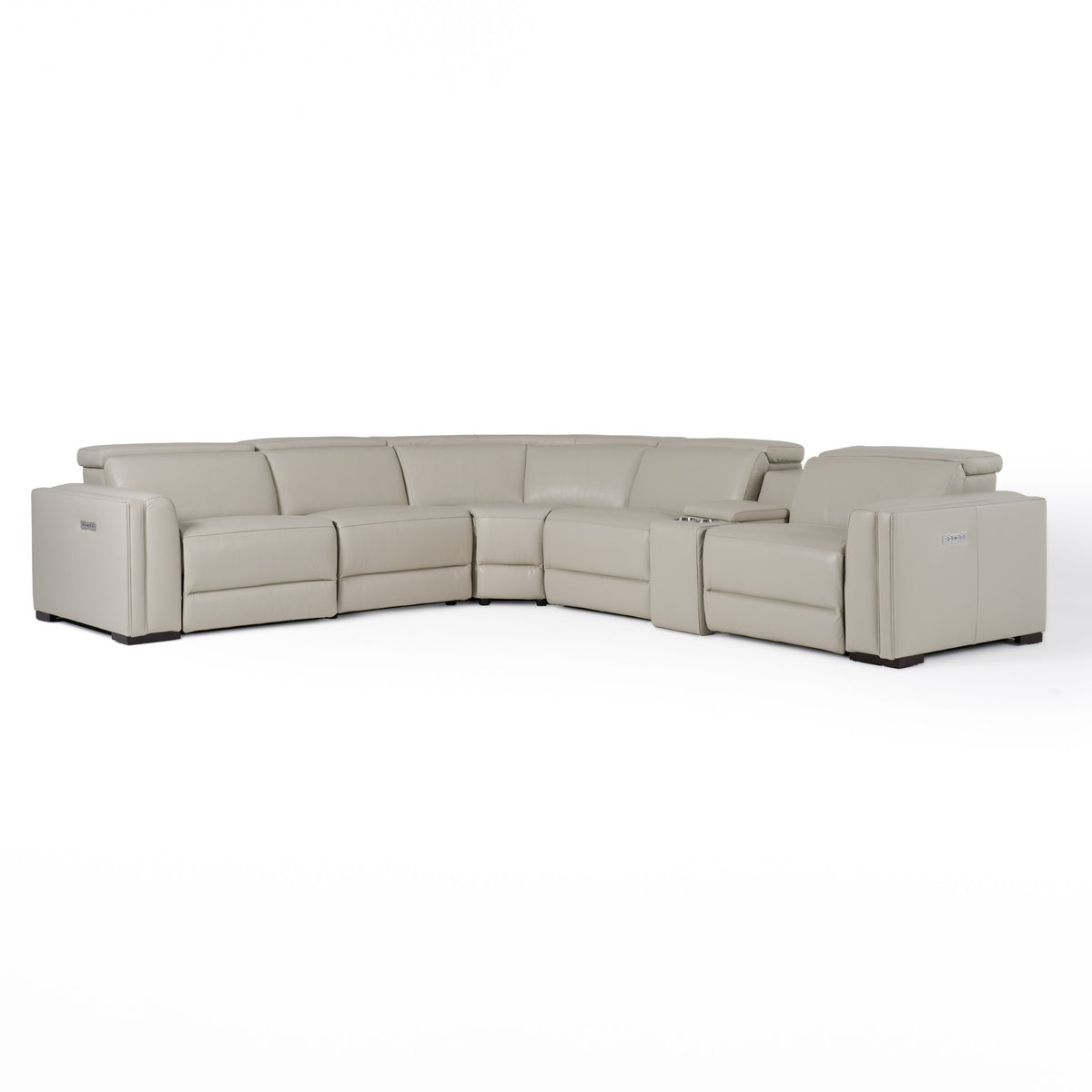 Frazier - Modern Light Grey Leather Sectional Sofa with 3 Recliners + Console