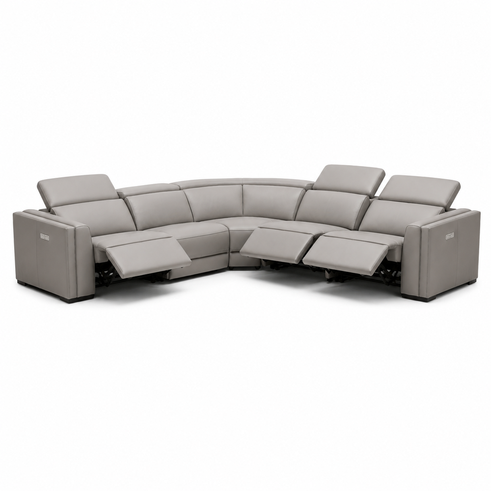 Frazier - Modern Light Grey Leather Sectional Sofa with 3 Recliners - View 4