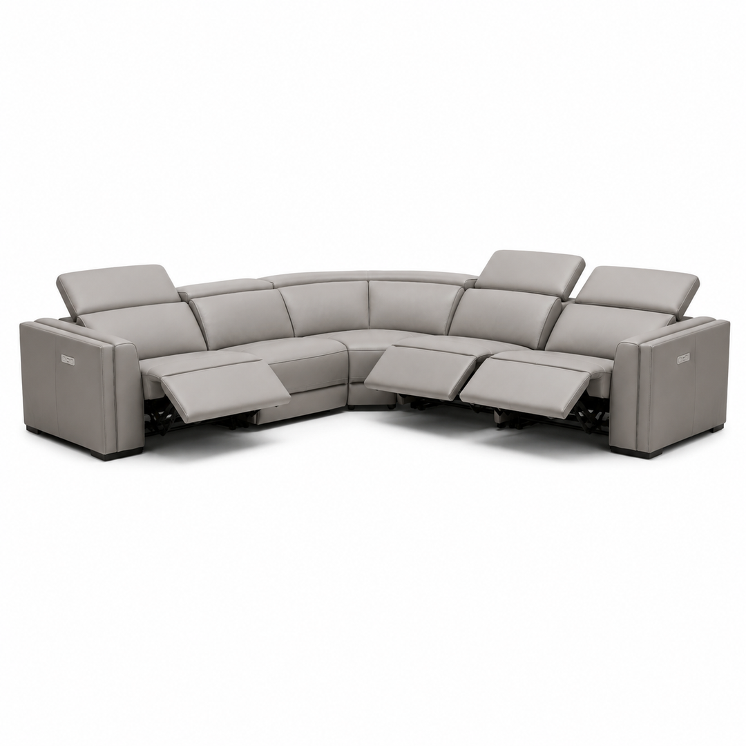 Frazier - Modern Light Grey Leather Sectional Sofa with 3 Recliners