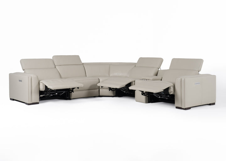 Frazier - Modern Light Grey Leather Sectional Sofa with 3 Recliners + Console