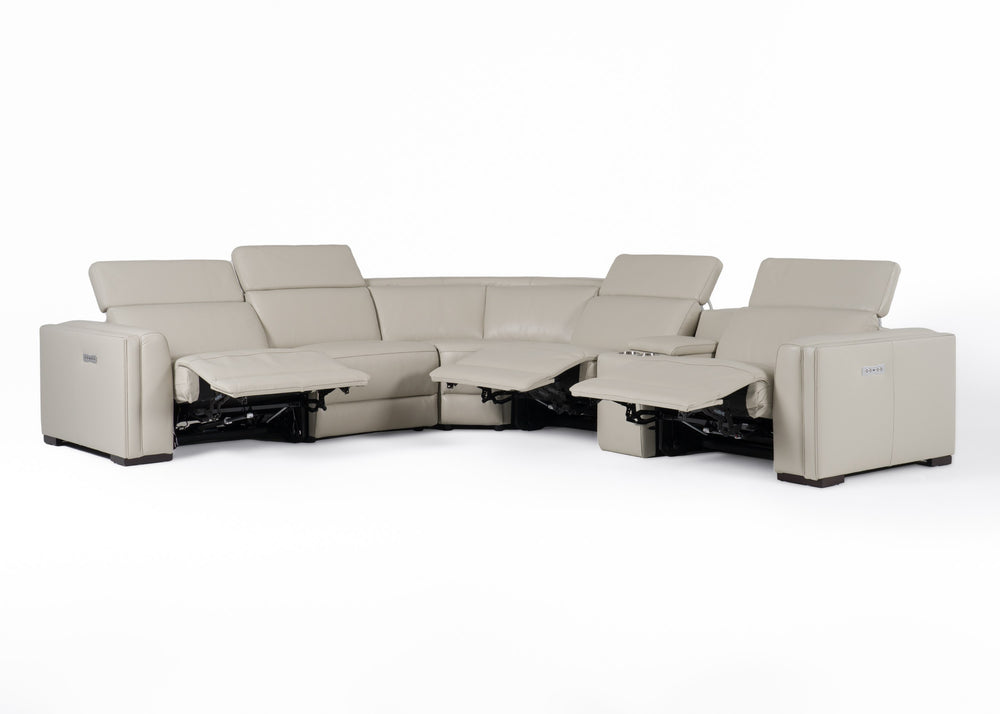 Frazier - Modern Light Grey Leather Sectional Sofa with 3 Recliners + Console