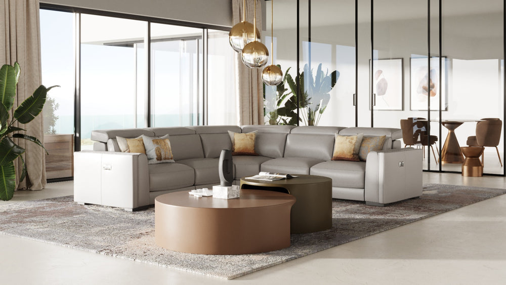Frazier - Modern Light Grey Leather Sectional Sofa with 3 Recliners - View 2