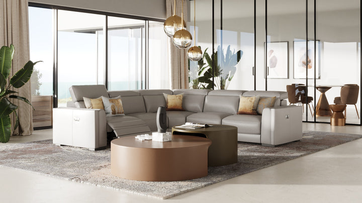 Frazier - Modern Light Grey Leather Sectional Sofa with 3 Recliners