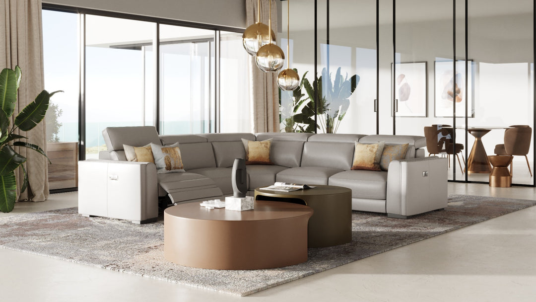 Frazier - Modern Light Grey Leather Sectional Sofa with 3 Recliners