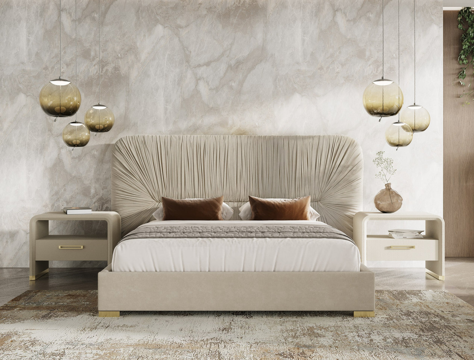 Florence - Modern Beige Velvet + Gold Bed - View 7