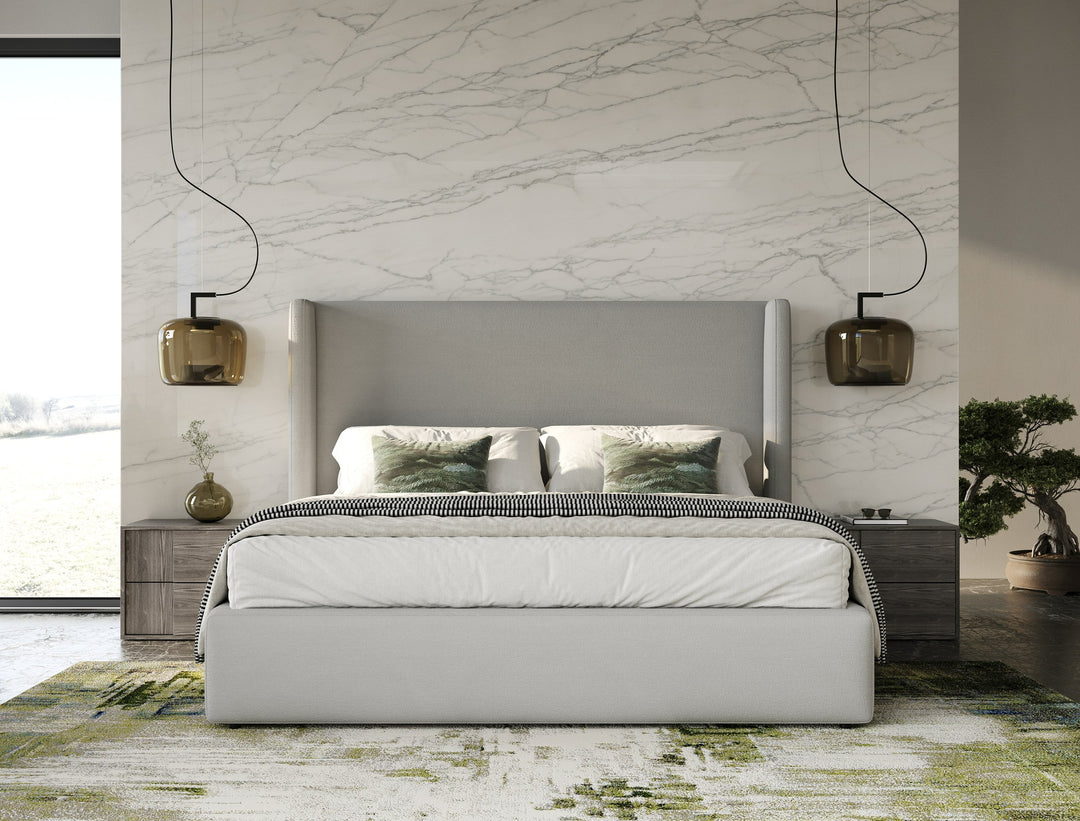Byrne + Asus - Modern Grey Fabric + Elm Grey Bed & 2 Nightstands