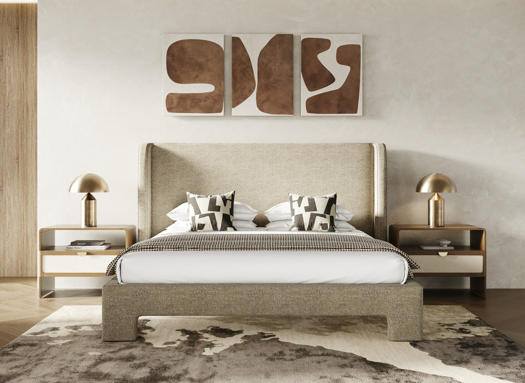Emilio  Modern Beige Fabric + Burlap + Walnut 4Piece Bedroom Set