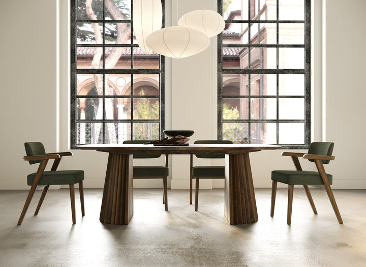 Sacks - Mid-Century Modern Green Fabric + Herringbone Walnut Dining Set