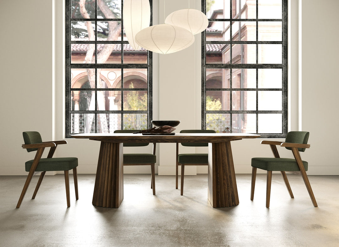 Sacks - Mid-Century Modern Green Fabric + Herringbone Walnut Dining Set