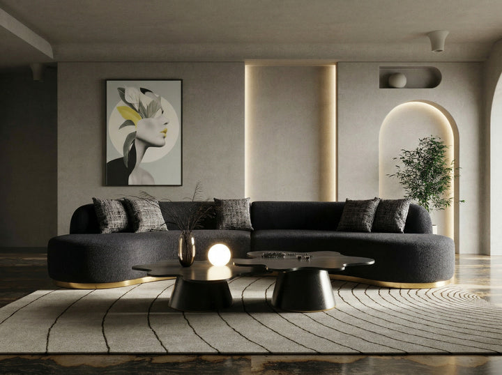 Frontier - Glam Black Fabric Curved Sectional Sofa with Grey Pillows