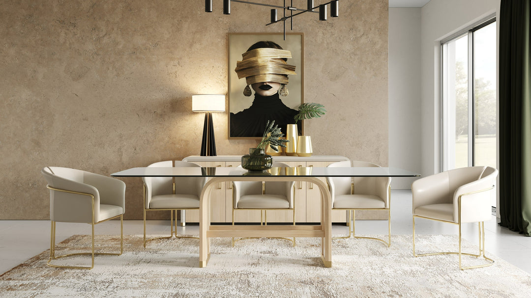 Florence - Modern Glass + Natural Oak + Gold Dining Table
