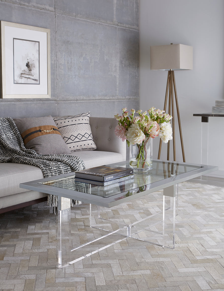 Modus Furniture Emy221 Bastian Coffee Table In Clear Acrylic And Gunmetal Polished Stainless Steel