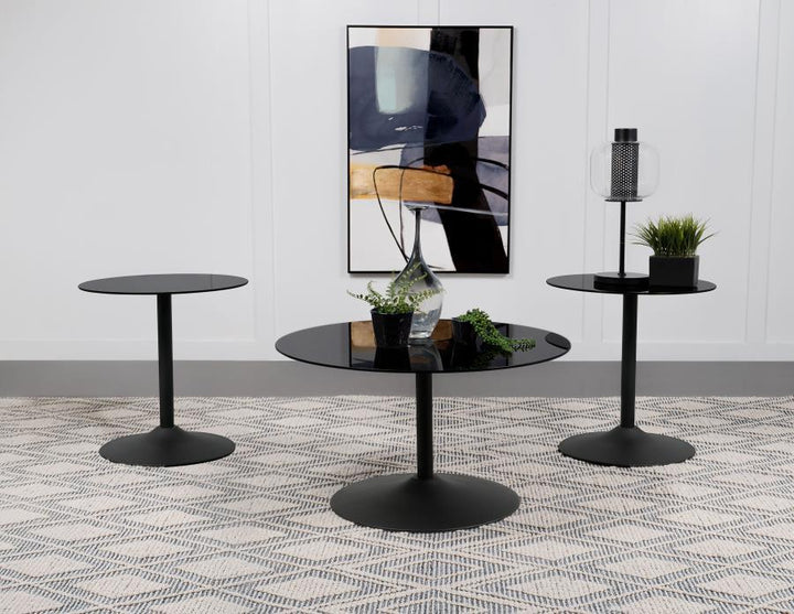 Ganso - 3 Piece Round Glass Top Coffee And End Table Set - Black Table Set modern furniture Contempo Furniture
