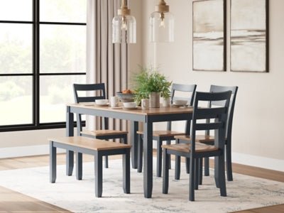 Gesthaven Dining Table with 4 Chairs and Bench (Set of 6) - Blue 6 Piece Dining Room Set modern furniture Contempo Furniture