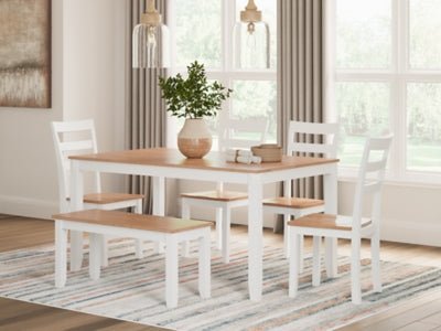 Gesthaven Dining Table with 4 Chairs and Bench (Set of 6) - White 6 Piece Dining Room Set modern furniture Contempo Furniture