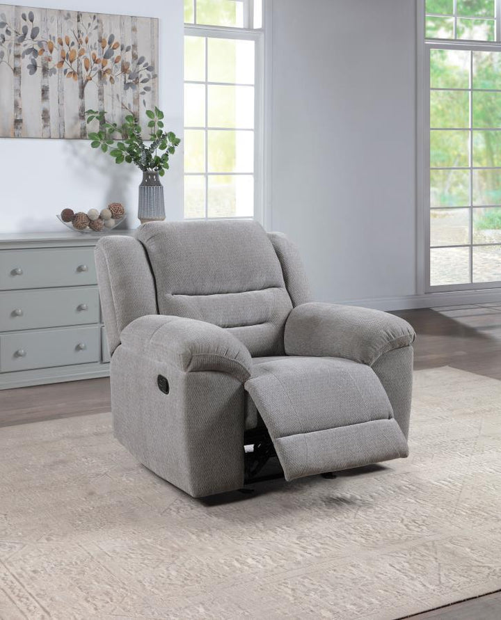 Gilson - Chenille Upholstered Reclining Glider Recliner - Gray Glider Chair modern furniture Contempo Furniture