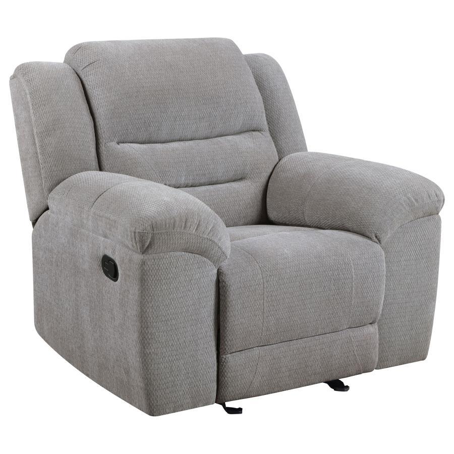 Gilson - Chenille Upholstered Reclining Glider Recliner - Gray Glider Chair modern furniture Contempo Furniture